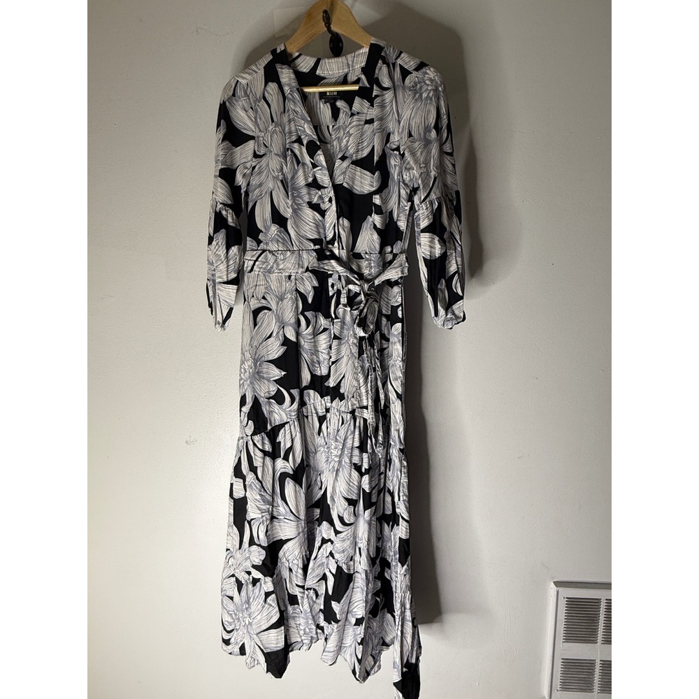 Anthropologie Maeve Puff-Sleeved Midi Dress tiered black‎ white cotton size 8
